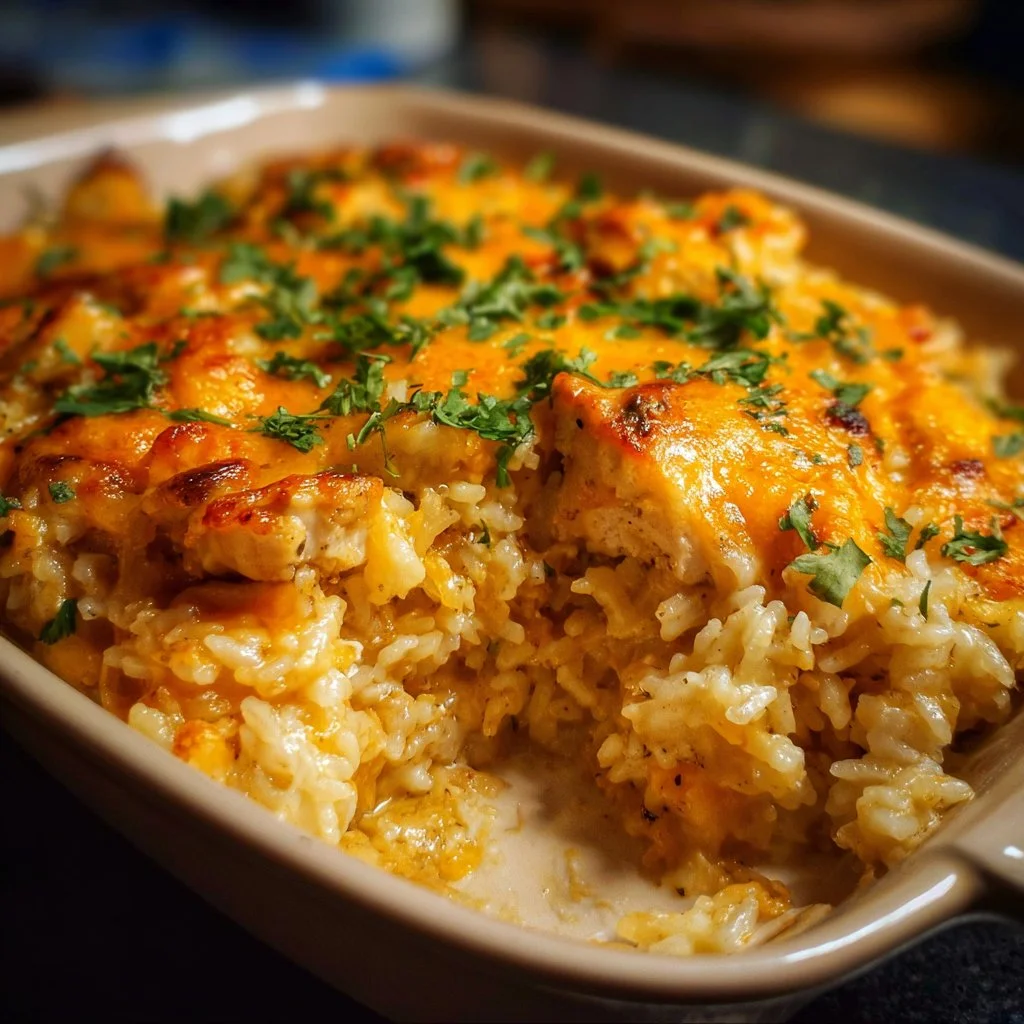 Cheesy chicken and rice bake garnished with herbs and served in a baking dish.