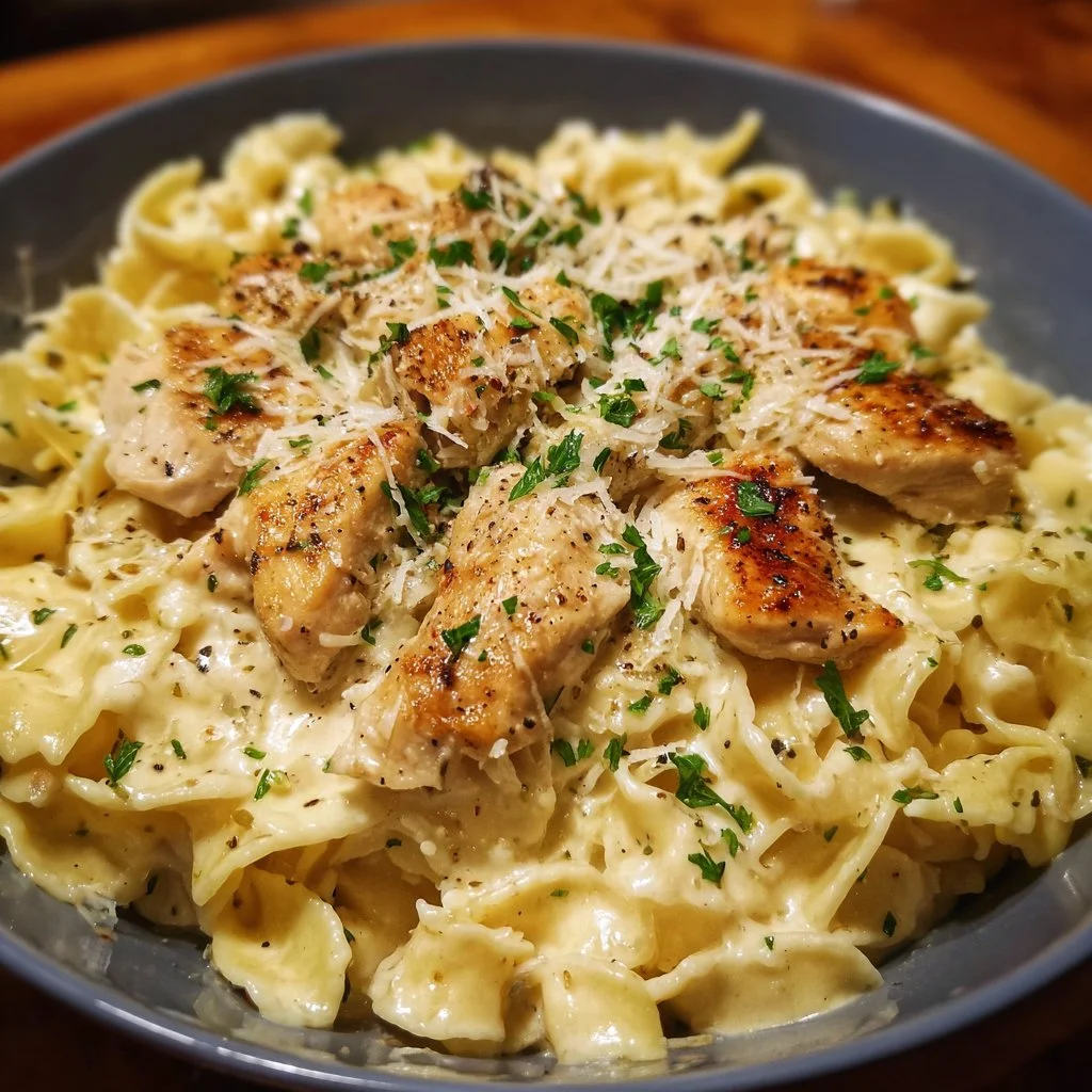 Delicious one-pot chicken Alfredo pasta dish with cheese