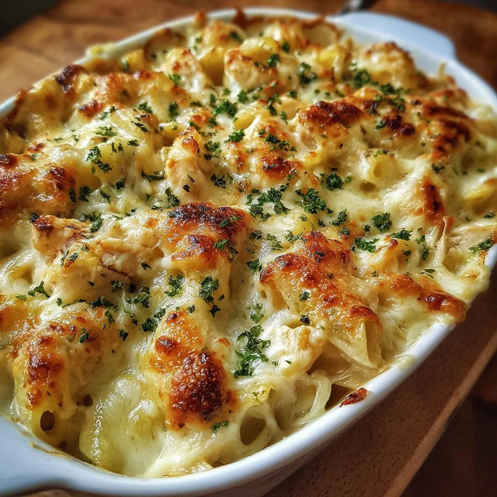Delicious Chicken Alfredo Bake topped with melted cheese and herbs