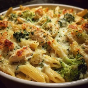 Creamy Chicken and Broccoli Alfredo Bake served in a baking dish