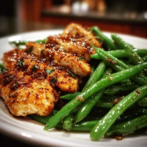 Plate of grilled chicken breast served with fresh green beans