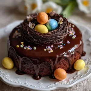 Chocolate Cake with Ganache and Easter Egg Nest 3 Delicious chocolate cake with ganache and an Easter egg nest topping.
