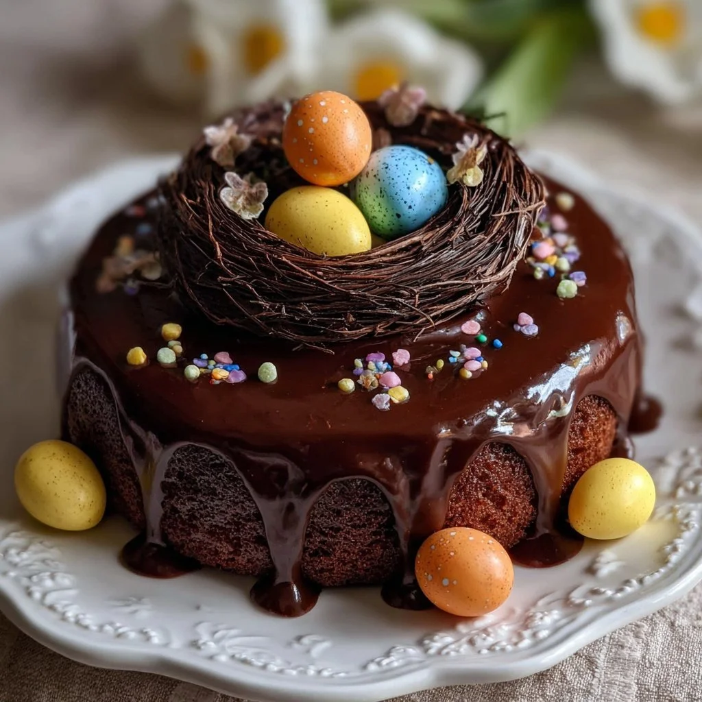 Chocolate Cake with Ganache and Easter Egg Nest 1 Delicious chocolate cake with ganache and an Easter egg nest topping.