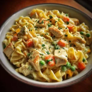 Classic Chicken Pot Pie Pasta 3 Bowl of Classic Chicken Pot Pie Pasta with vegetables and creamy sauce
