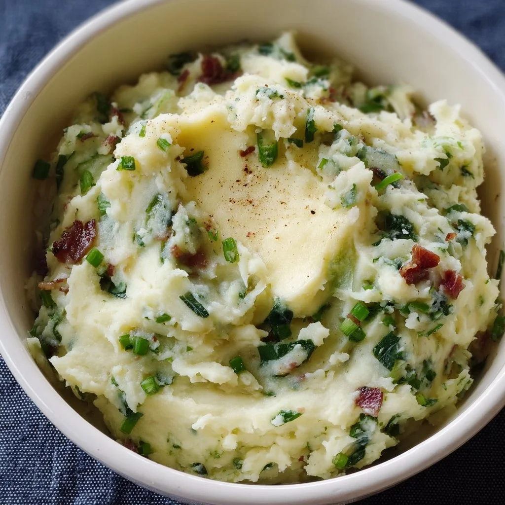 A serving of Colcannon, traditional Irish mashed potatoes with greens