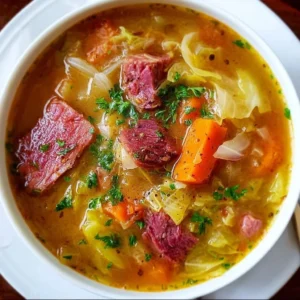 Bowl of corned beef and cabbage soup garnished with parsley.