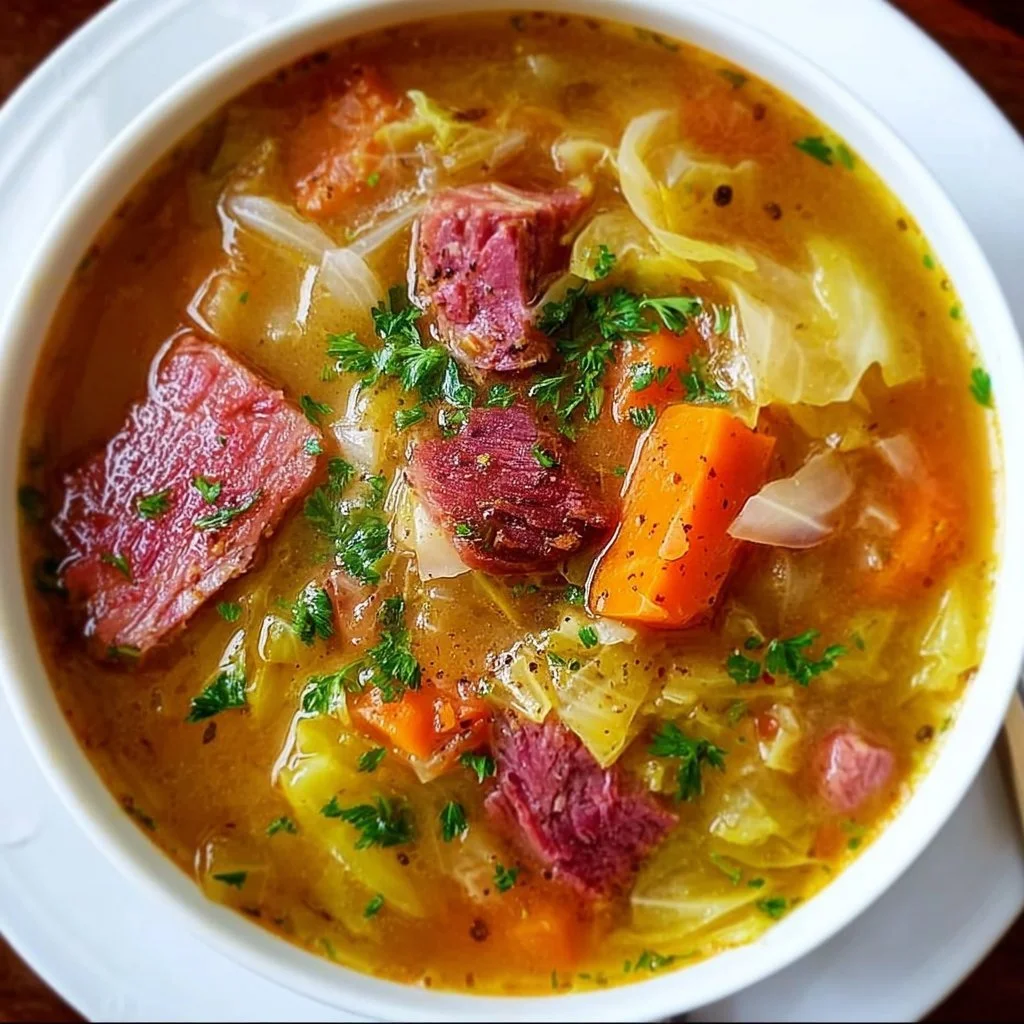 Bowl of corned beef and cabbage soup garnished with parsley.