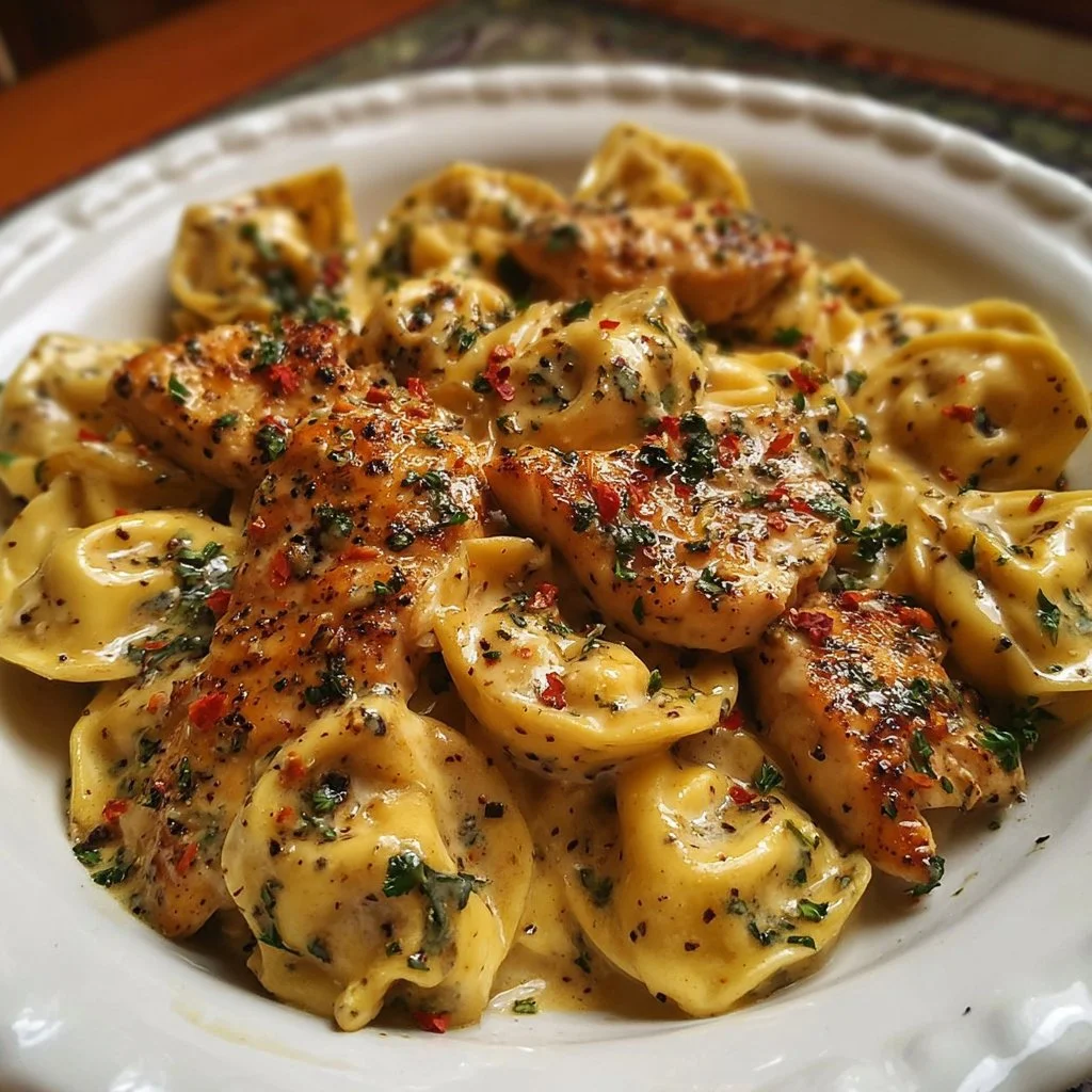 Delicious Cowboy Butter Garlic Chicken Tortellini dish on a rustic table.