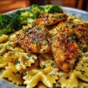 Cowboy Butter Lemon Bowtie Chicken with Broccoli dish served on a plate.