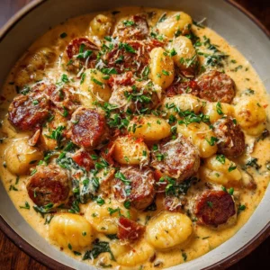 One pot creamy gnocchi with sausage, a comforting and delicious dish.