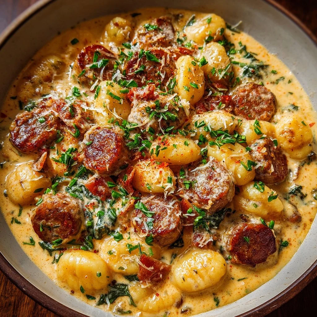 One pot creamy gnocchi with sausage, a comforting and delicious dish.