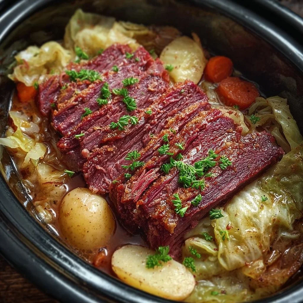Cozy slow cooker corned beef and cabbage dish served on a plate