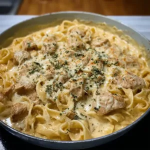 Deliciously creamy Chicken Alfredo pasta served with Parmesan cheese and herbs.