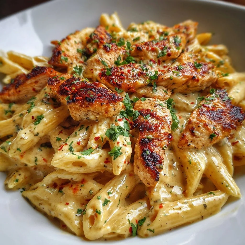 Creamy Cajun Chicken Penne Pasta served in a bowl with fresh ingredients