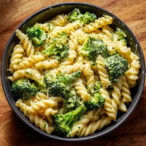 Delicious creamy cheesy broccoli pasta served in a bowl
