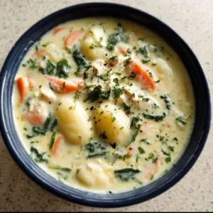 Creamy Chicken Gnocchi Soup 3 Bowl of creamy chicken gnocchi soup garnished with herbs and vegetables