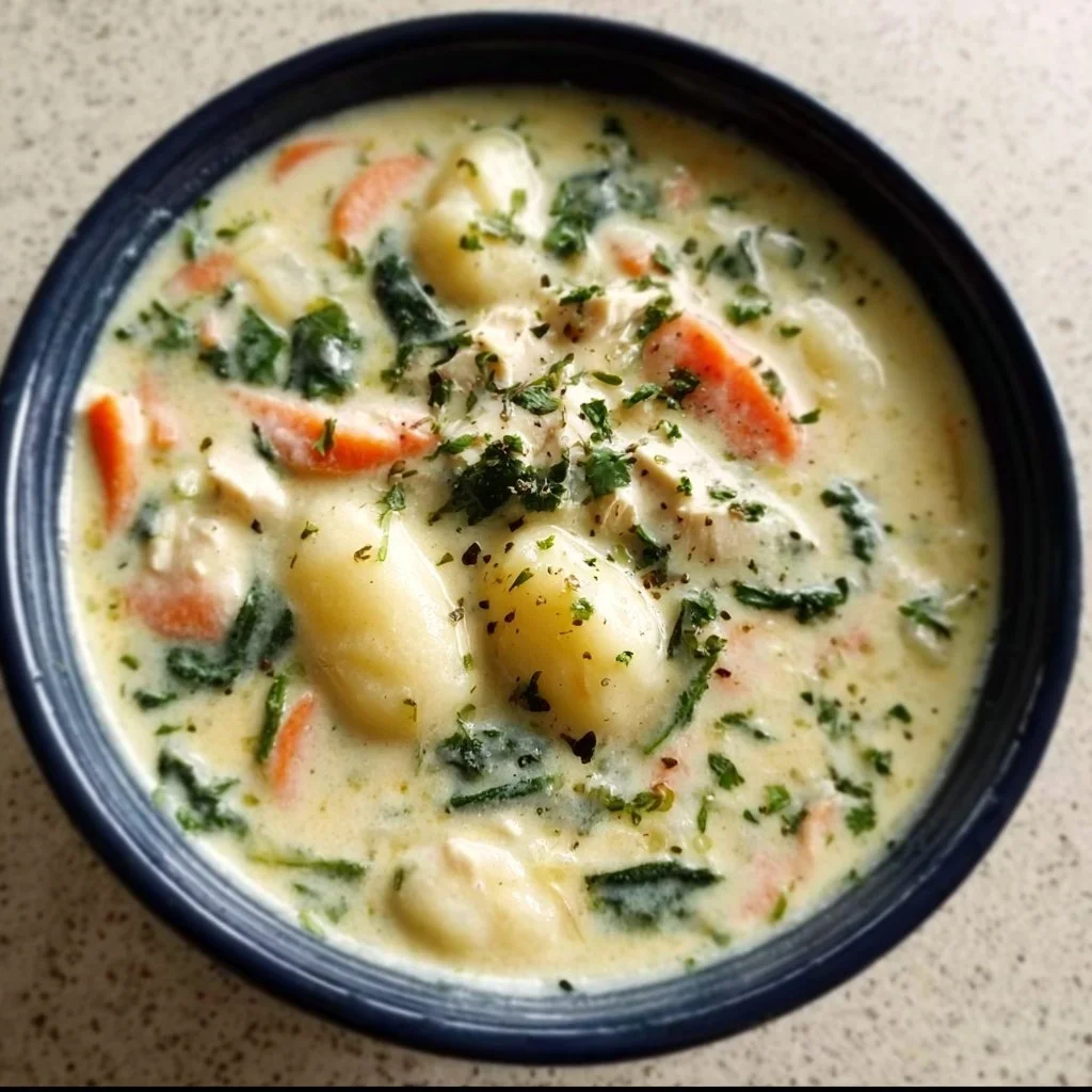 Creamy Chicken Gnocchi Soup 1 Bowl of creamy chicken gnocchi soup garnished with herbs and vegetables