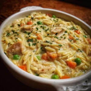 Creamy Chicken Pot Pie Orzo 3 Creamy chicken pot pie orzo with vegetables in a bowl