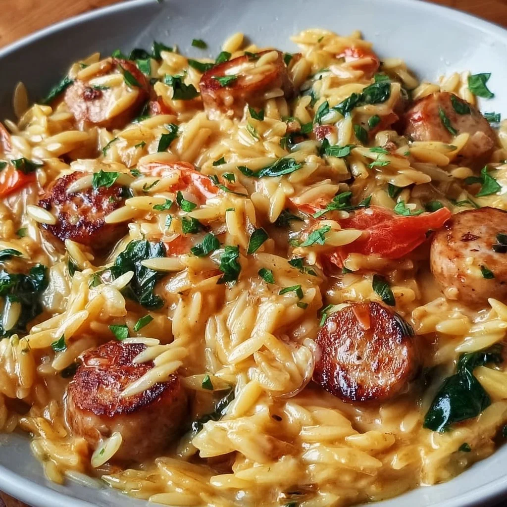 Creamy chicken sausage orzo cooked in one pan