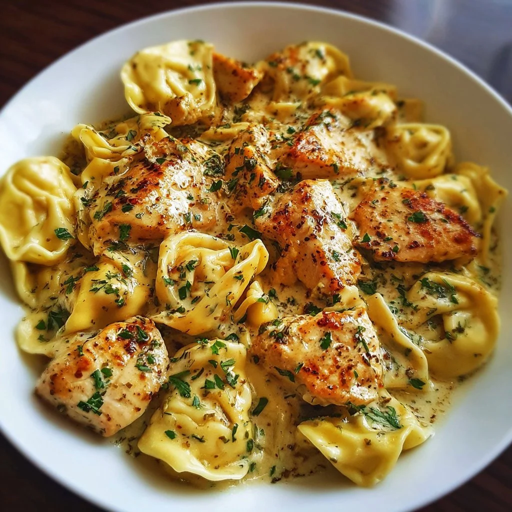 Creamy garlic butter chicken tortellini served with herbs and parmesan.