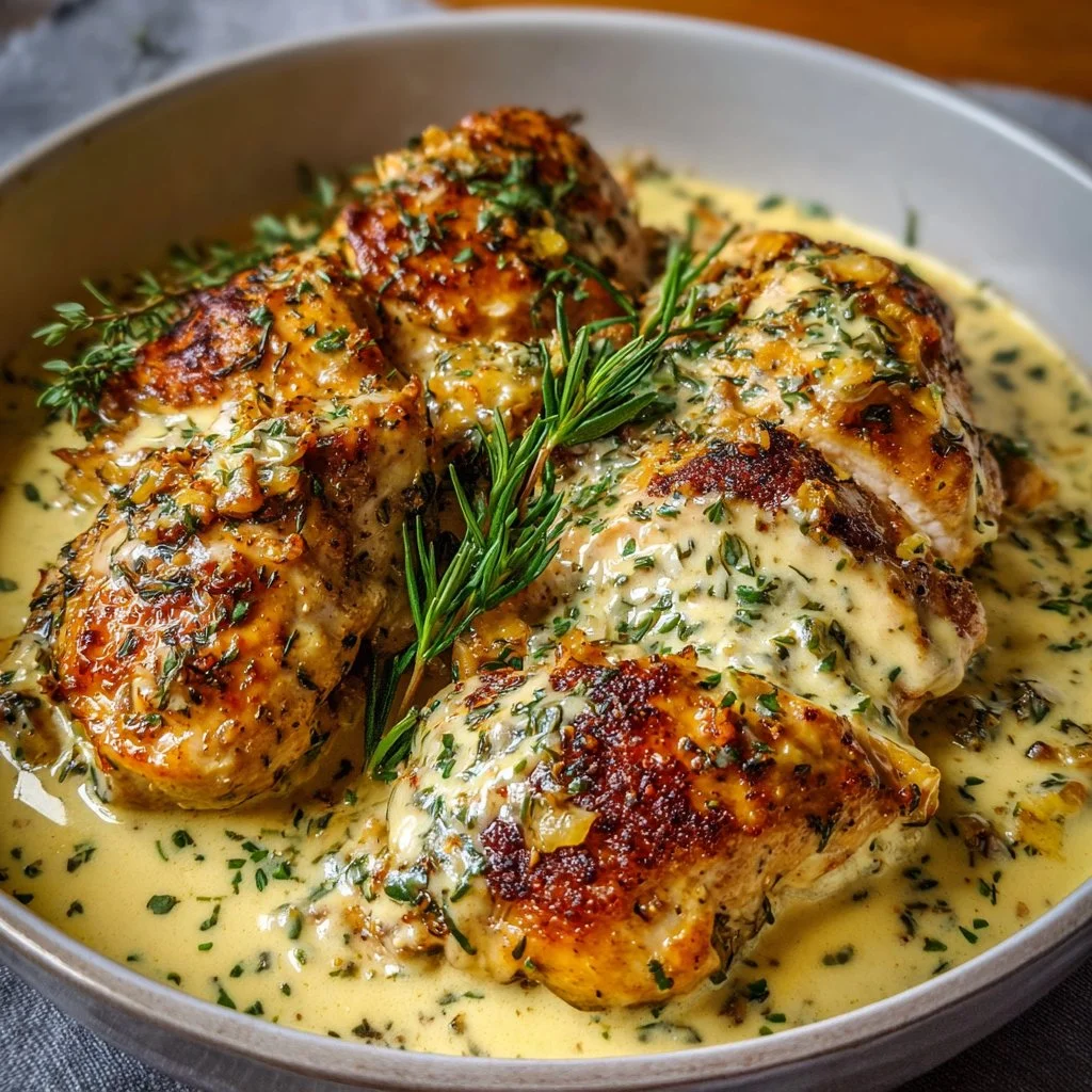 Creamy herb chicken served with herbs and creamy sauce on a plate