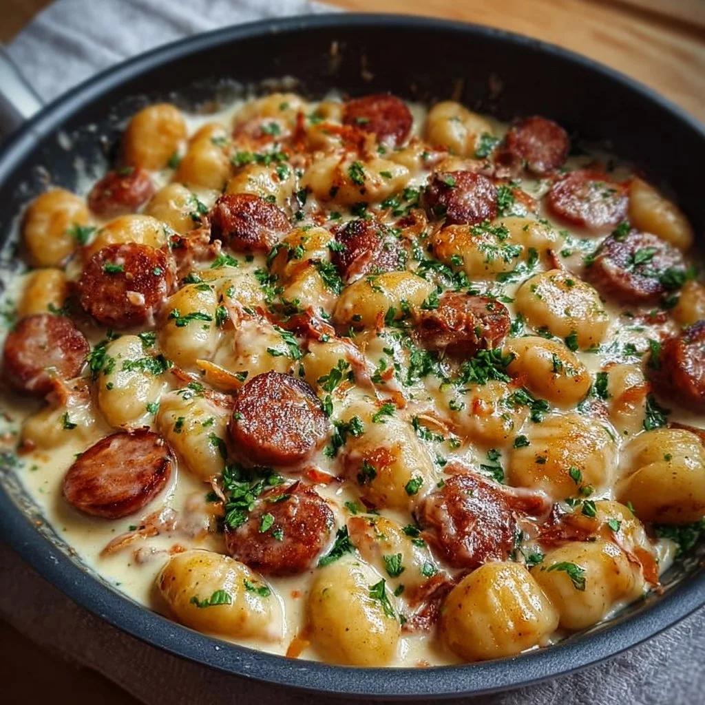 Creamy Kielbasa Gnocchi Skillet dish garnished with herbs in a skillet