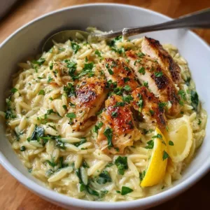 Creamy lemon chicken orzo served in a bowl with fresh herbs