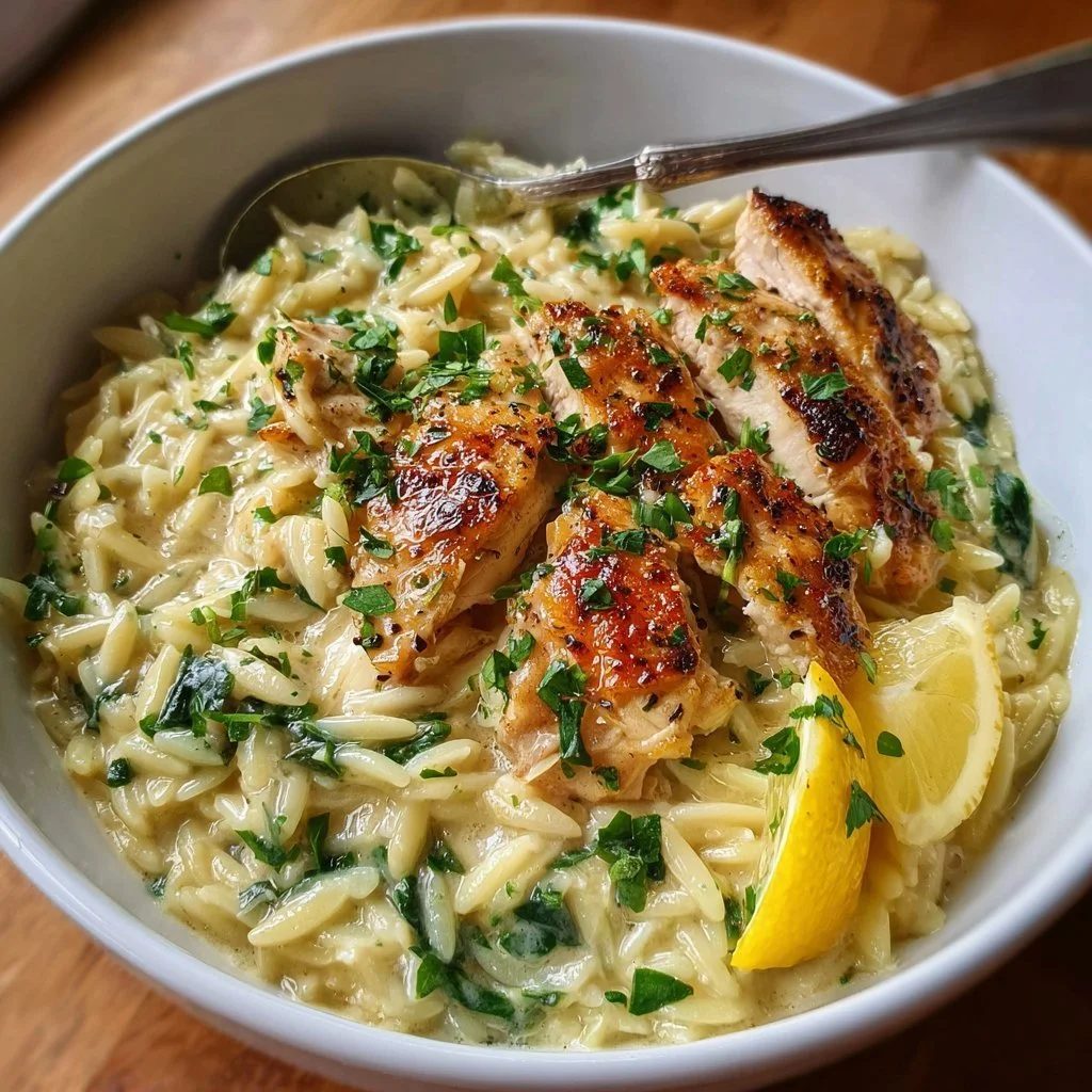 Creamy lemon chicken orzo served in a bowl with fresh herbs