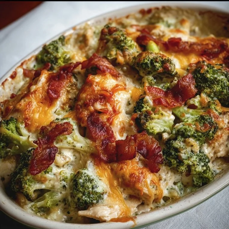 Creamy low carb chicken casserole with broccoli and bacon served in a dish