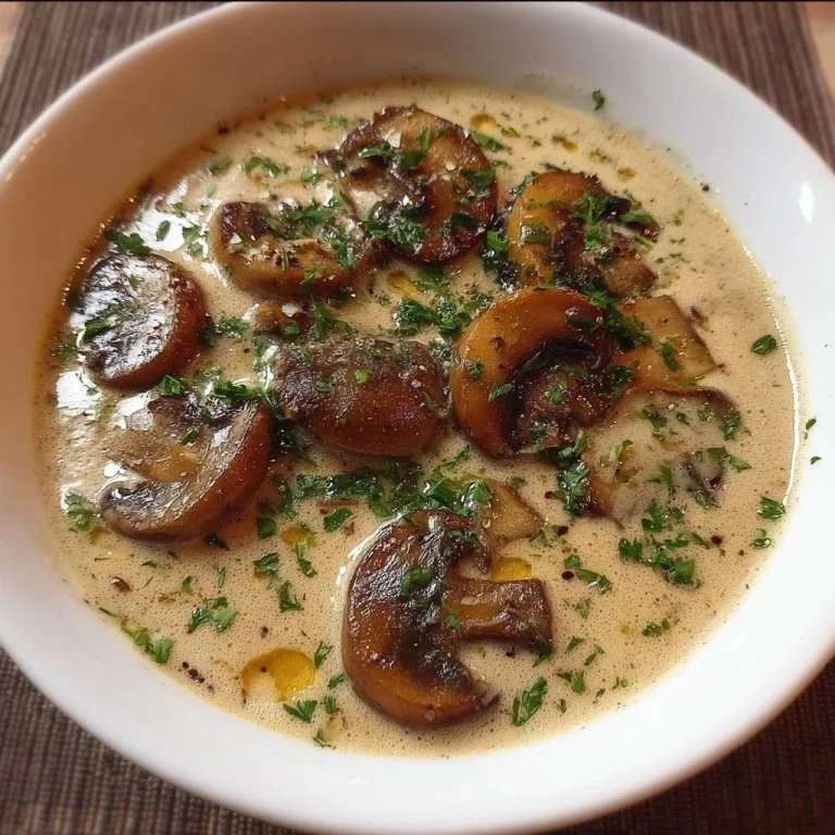 Bowl of creamy mushroom soup garnished with fresh herbs