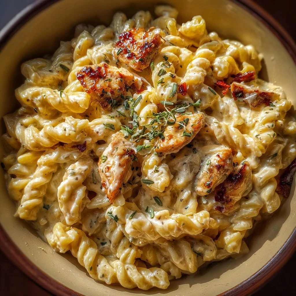 Creamy Rattlesnake Pasta topped with herbs and spices in a bowl