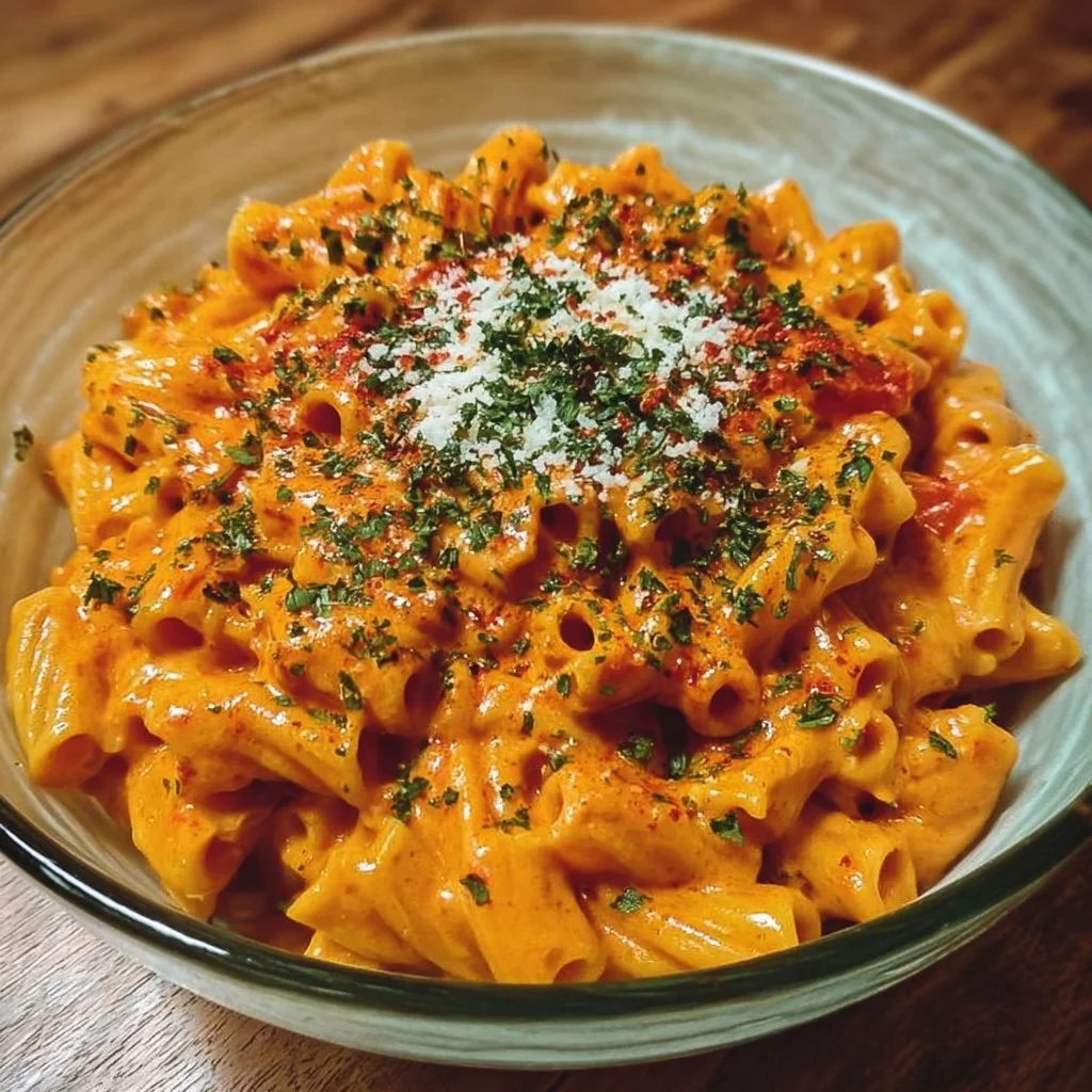 Creamy tomato garlic pasta dish garnished with fresh herbs and cheese