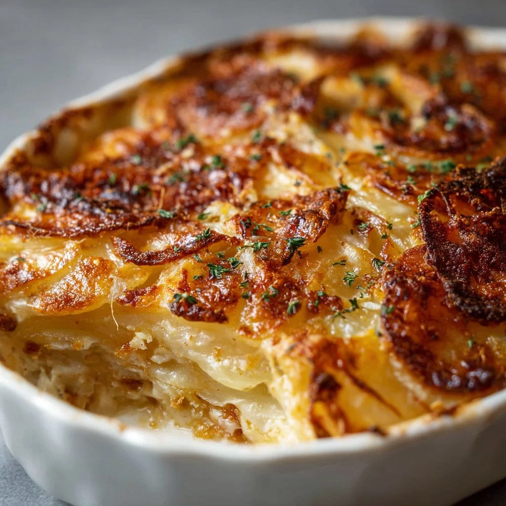 Delicious crispy French onion scalloped potato casserole served in a baking dish.