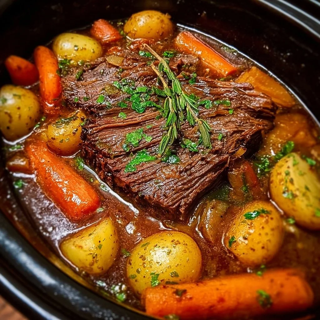 Delicious Crockpot Beef Pot Roast served with vegetables and gravy.