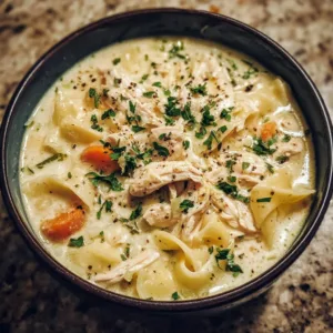 Crockpot Chicken Alfredo Soup 3 Bowl of creamy Crockpot Chicken Alfredo Soup topped with parsley.