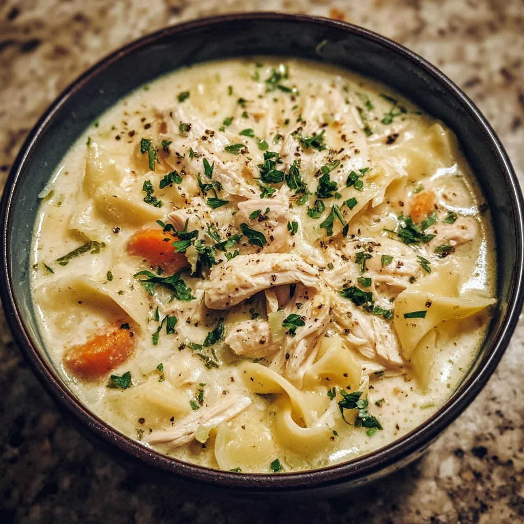 Crockpot Chicken Alfredo Soup 1 Bowl of creamy Crockpot Chicken Alfredo Soup topped with parsley.