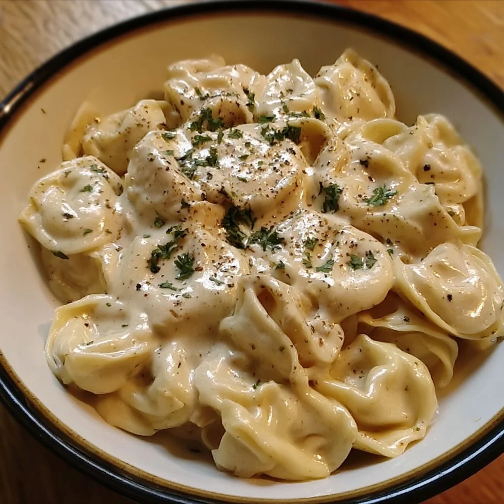 Crockpot Chicken Alfredo Tortellini served in a bowl