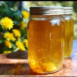 Dandelion Jelly 3 A jar of homemade dandelion jelly with dandelion flowers in the background.