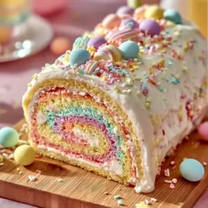Colorful Easter Cake Roll decorated with spring-themed frosting and sugar flowers.