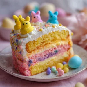 Colorful Easter Peep Cake decorated with marshmallow chicks and vibrant icing.