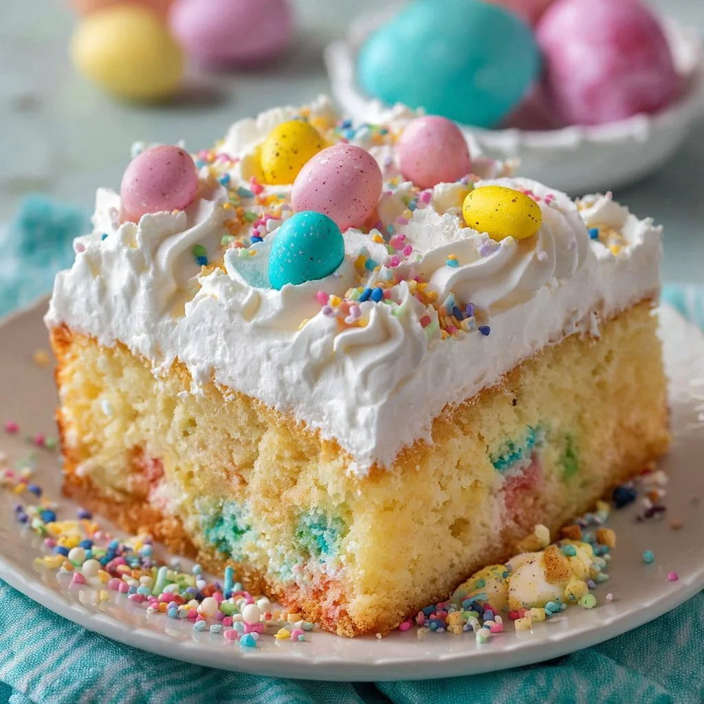 Easter Poke Cake 1 Delicious Easter Poke Cake with colorful frosting and decorations