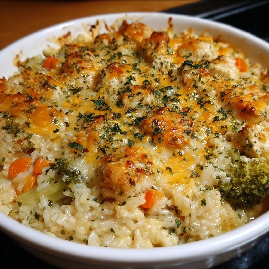 Easy chicken rice casserole in a baking dish, perfect for family meals.