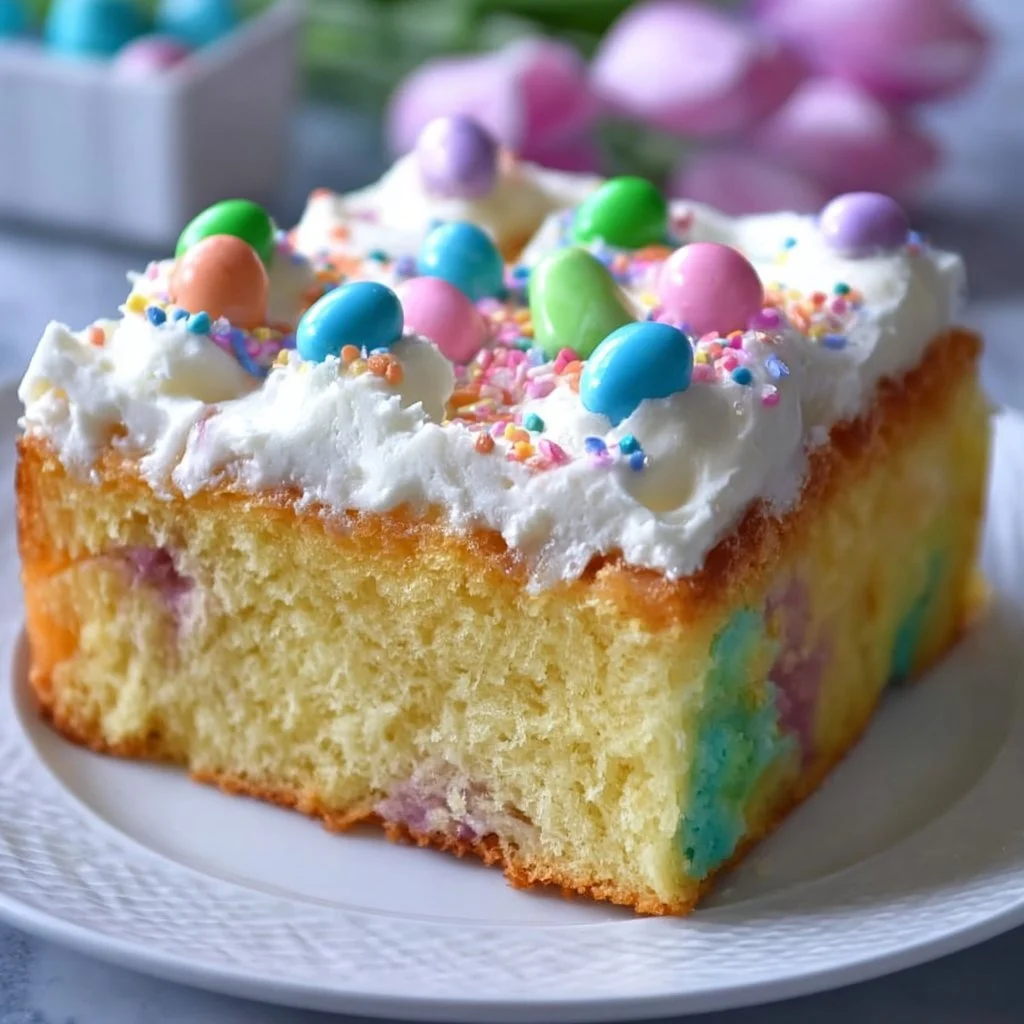 Easy Easter Poke Cake 1 Delicious Easy Easter Poke Cake decorated with colorful toppings