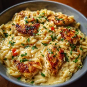 Creamy Marry Me Chicken Orzo dish with vibrant vegetables and herbs