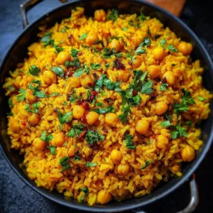 One-Pot Turmeric Chickpea Rice served in a bowl with herbs and spices