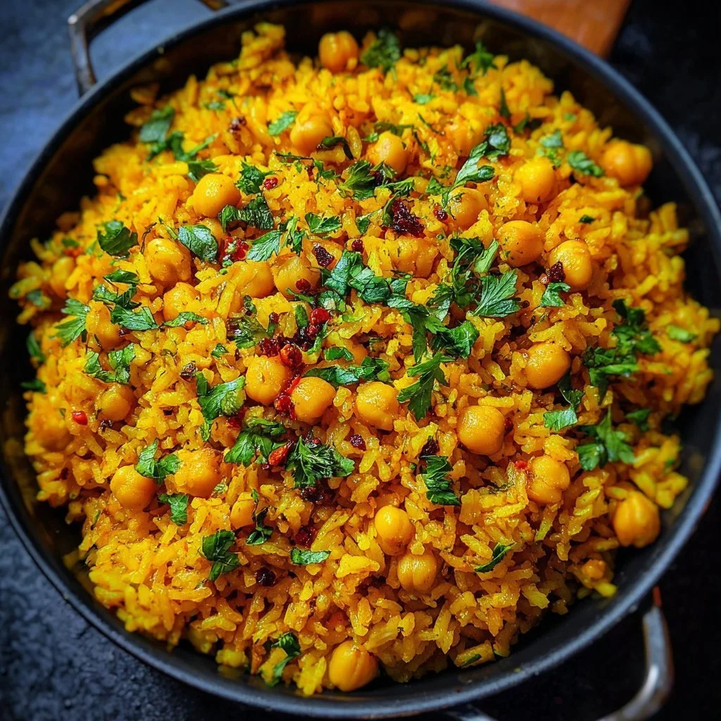 One-Pot Turmeric Chickpea Rice served in a bowl with herbs and spices