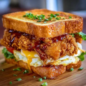 Delicious French Toast Fried Chicken Sandwich served with syrup and garnishes