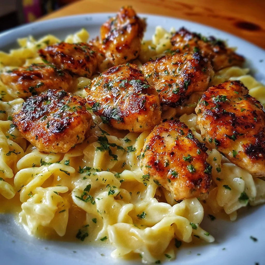 Garlic Butter Chicken Bites on creamy Parmesan pasta