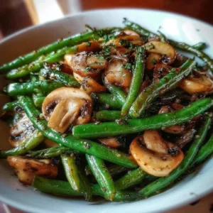 Garlic Butter Sautéed Green Beans and Mushrooms 3 Garlic butter sautéed green beans and mushrooms in a skillet