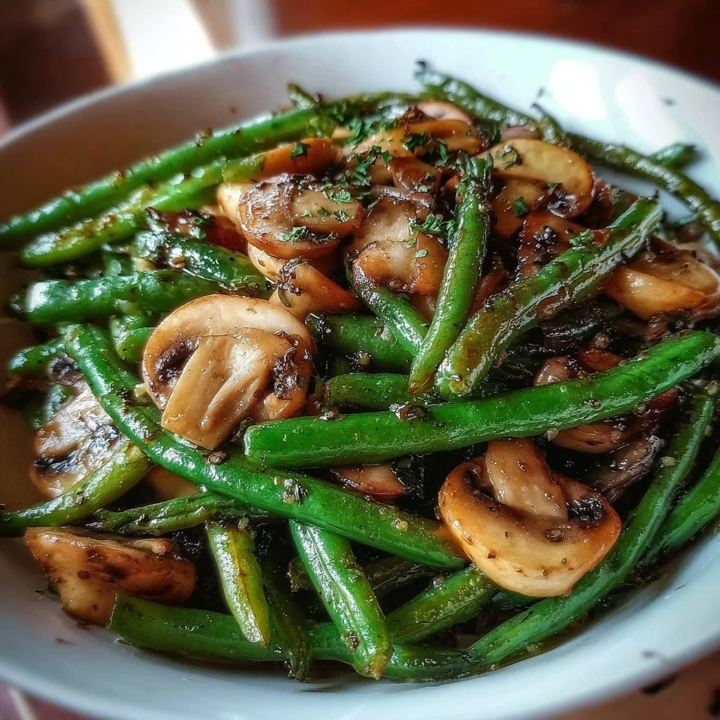 Garlic butter sautéed green beans and mushrooms in a skillet